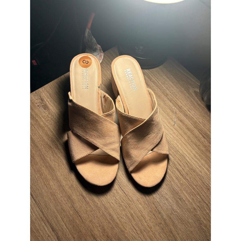 Kenneth Cole Reaction Vee Race Mules Blush Nude Block Heel Sandals Womens 8M
